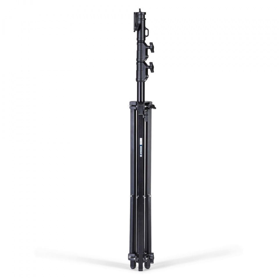 Black light stand with double riser and upper mounting bracket, side view
