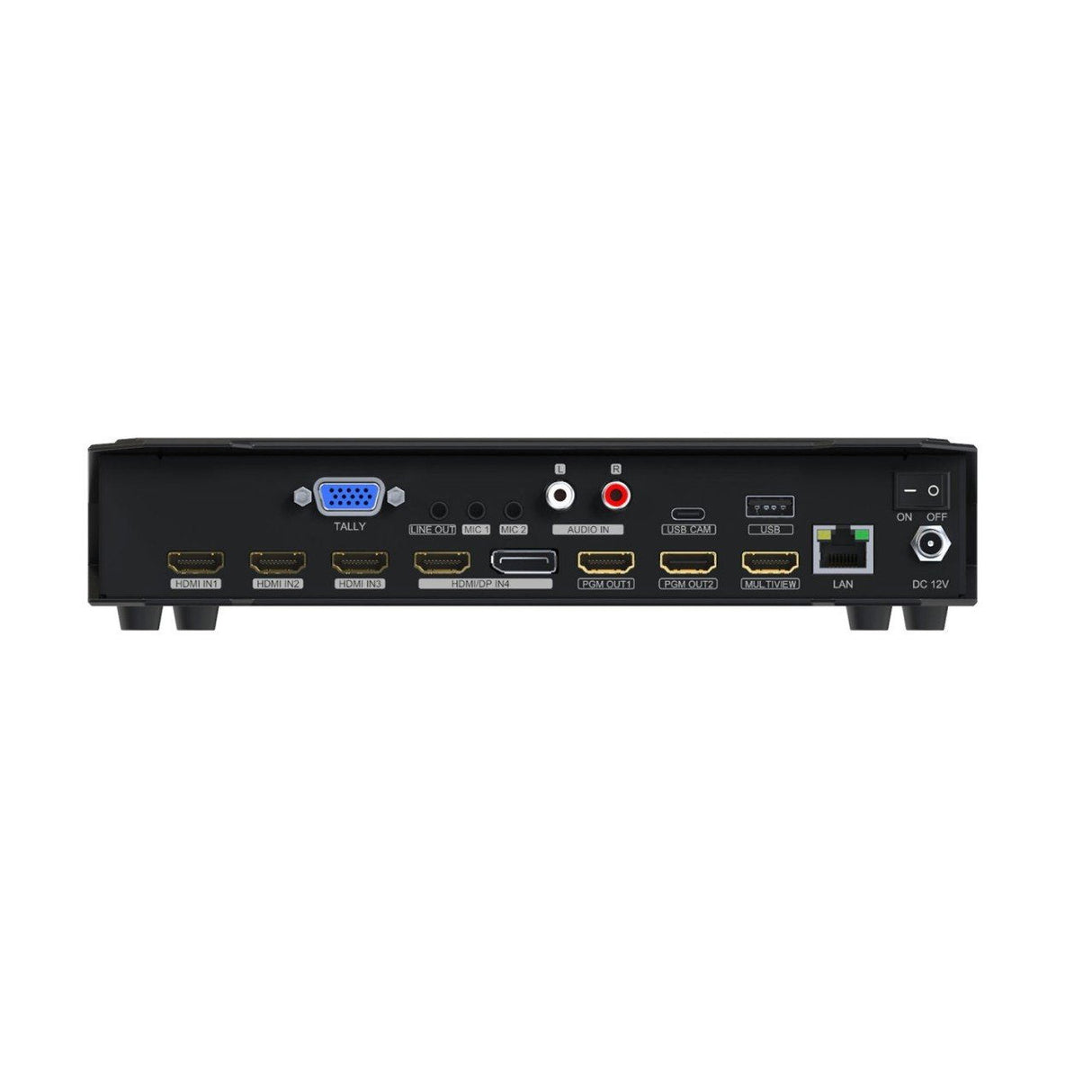 Rear panel of HDMI video switcher with audio, LAN, and power connectors
