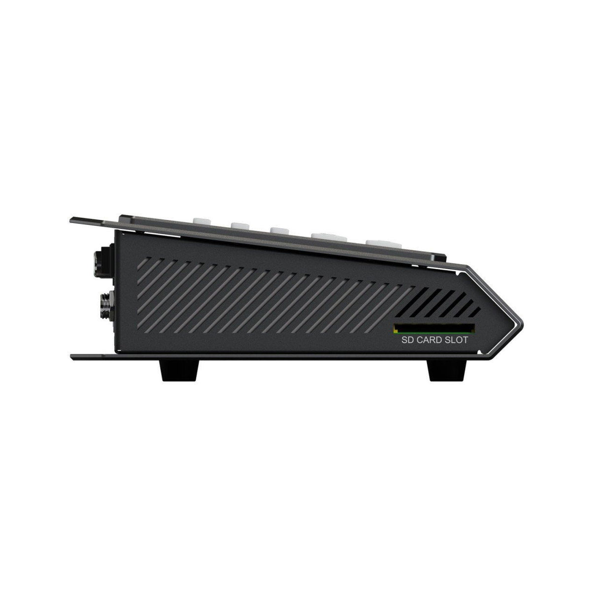 Video switcher side view with ventilation grille and SD card slot