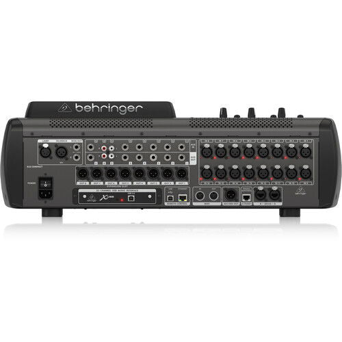 Rear panel of digital mixer with ports, connectors, and input/output labeling