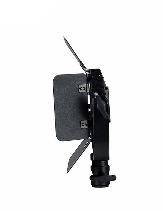 Side view of 40W bicolor LED video light with handle mount and textured barn doors