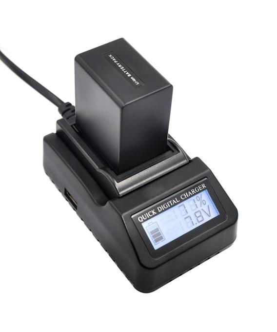 Black digital battery charger with LCD display and battery docked