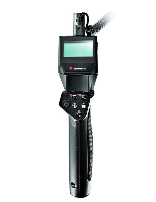 Handheld camera remote with small color display and control buttons, black body