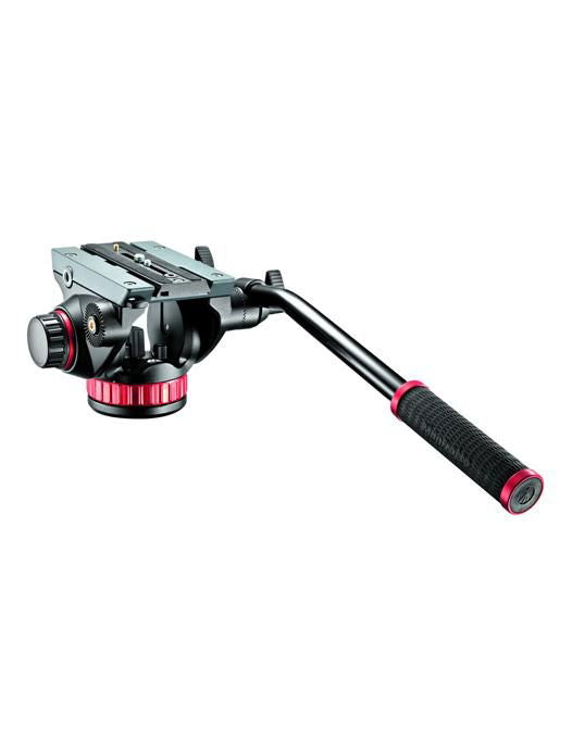 Video tripod head with flat base, side-mounted controls and red-accent handle