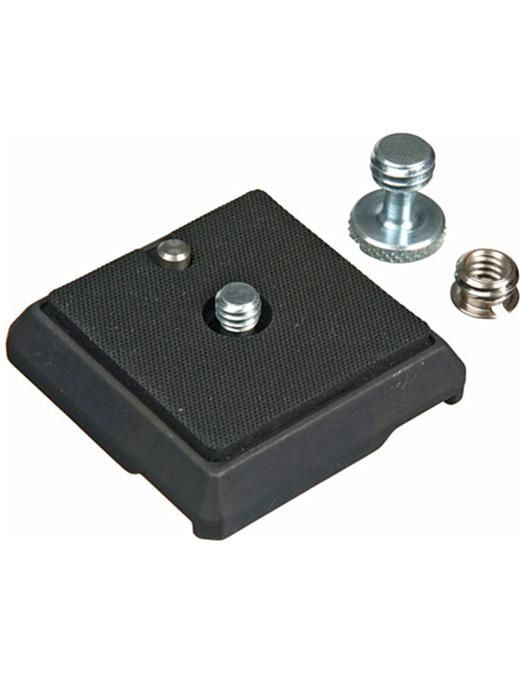 Black quick-release plate with two metal threaded screws and mounting holes