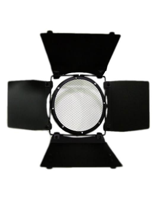 Studio LED spotlight with circular diffuser, black barn doors, and mounting brackets
