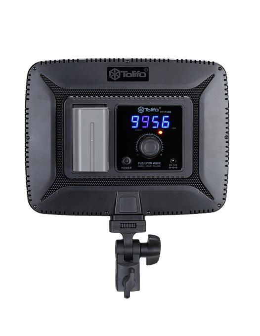 Lampa foto-video LED bicolor Tolifo PT F36B, panou cu ecran și butoane.