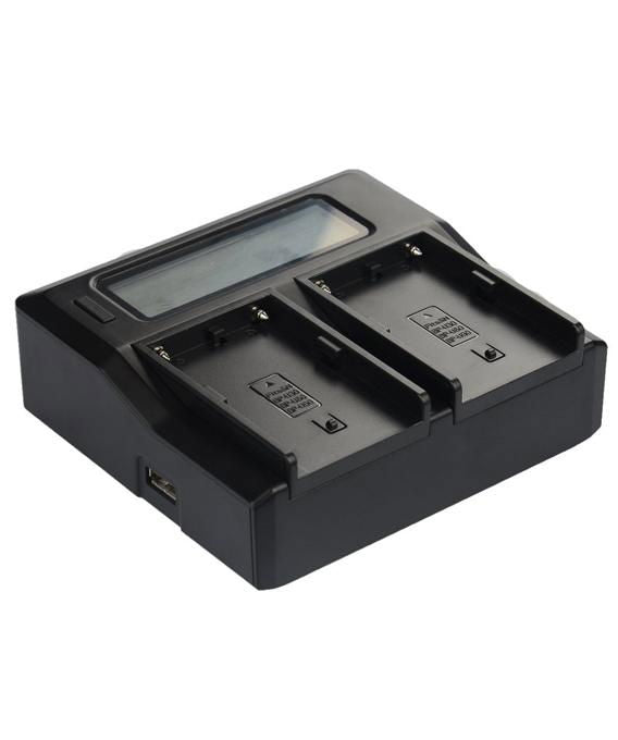 Dual LCD battery charger with two bays, front view showing status screens