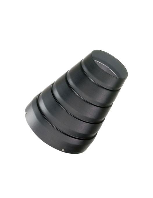 Black narrow-angle reflector tube with ribbed sides and circular front lens