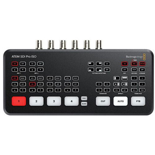 ATEM SDI Pro ISO switcher front panel with button controls and numbered keys
