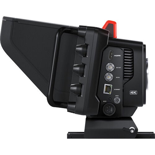 Studio camera back panel with HDMI and 4K labels, port cover, and side mounting bracket