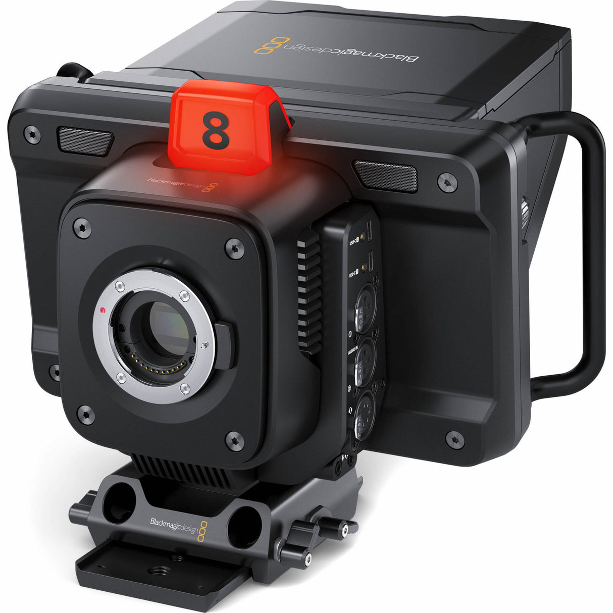 Black studio camera with lens port, red “8” control, and side handle grips