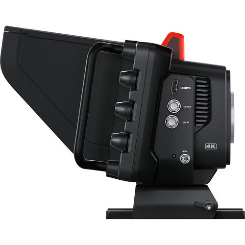 Back panel of studio camera with HDMI and 4K labels, buttons and ventilation grille