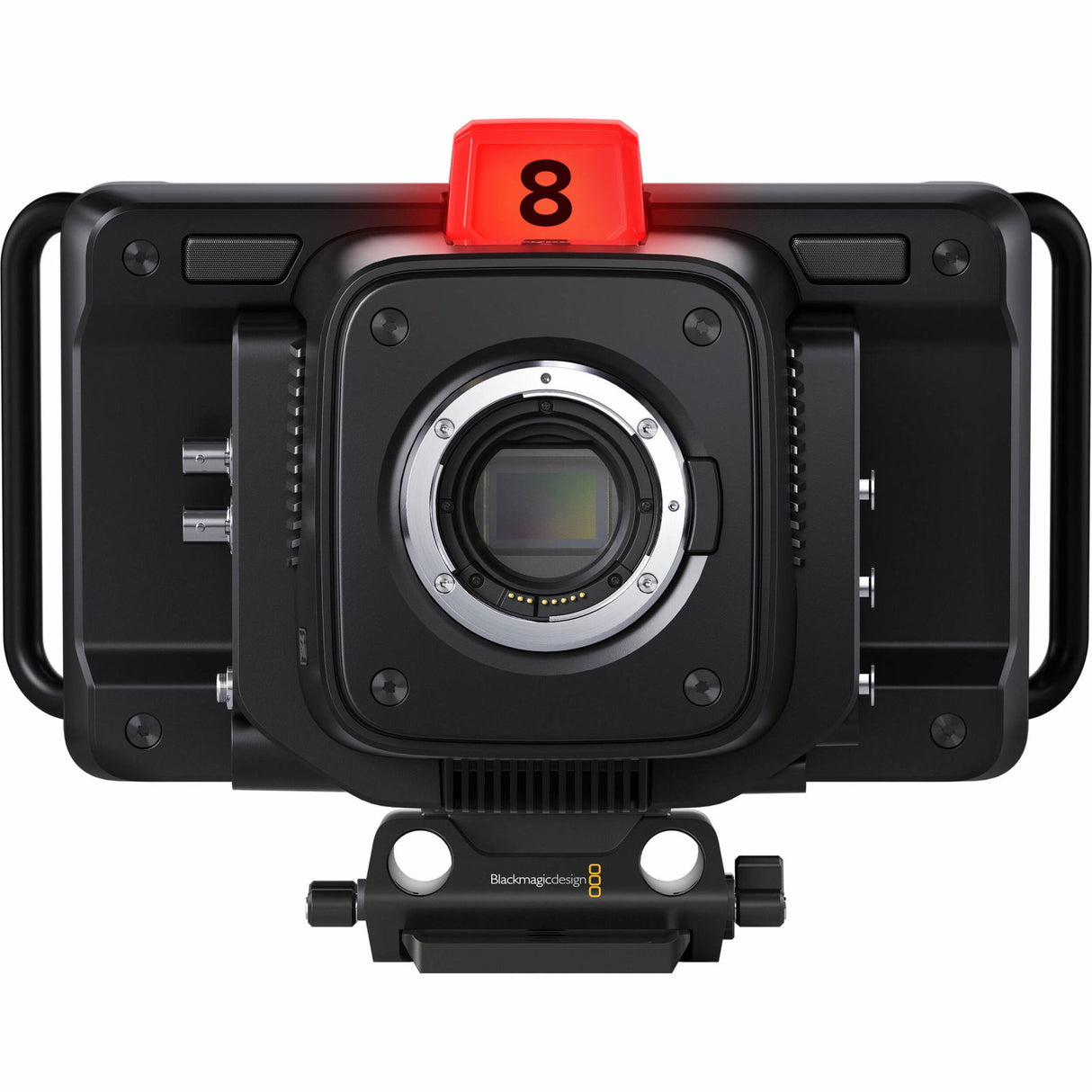 Black camera body with lens mount and red top marker marked 8