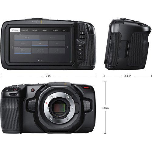 Pocket Cinema Camera 4K size diagram showing front and side dimensions