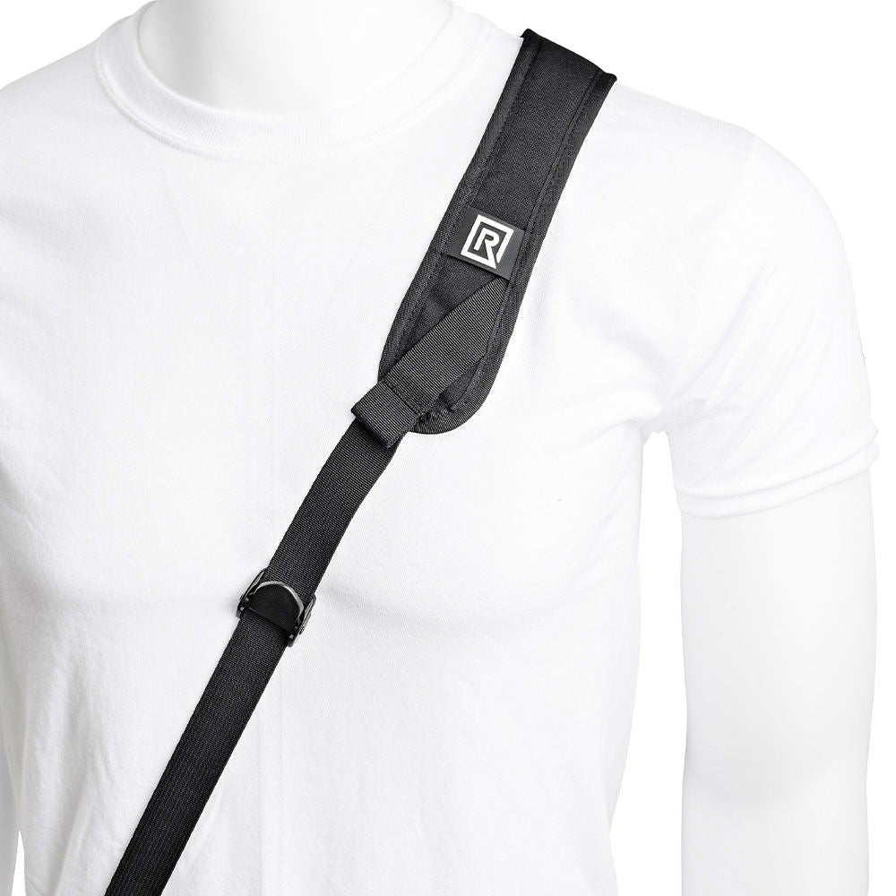 Black padded camera strap with logo patch on shoulder pad and fastening tab
