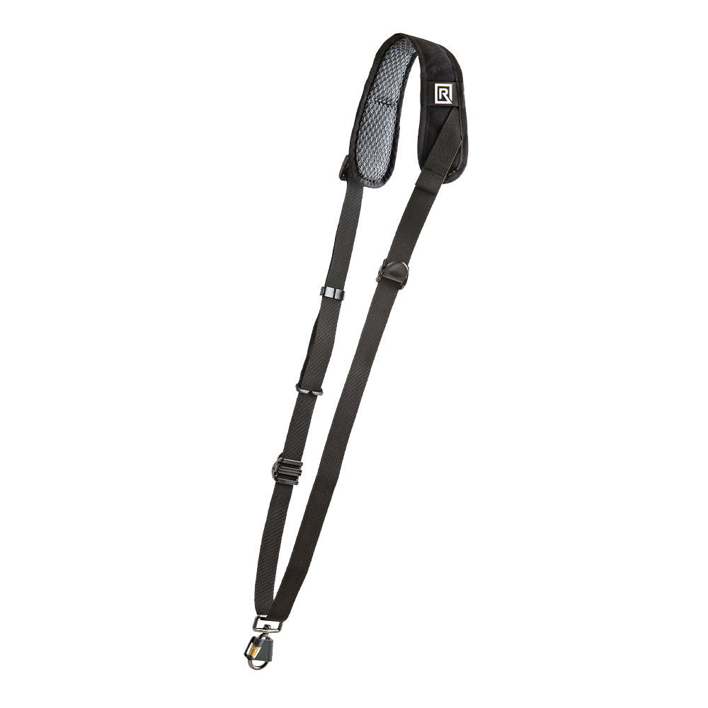 Black camera strap with padded shoulder section and adjustment buckles