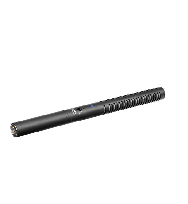 Black shotgun microphone with long ribbed body and front audio port