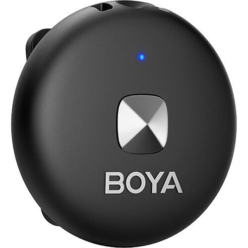 Black BOYA round wireless mic receiver front with central icon and blue indicator light