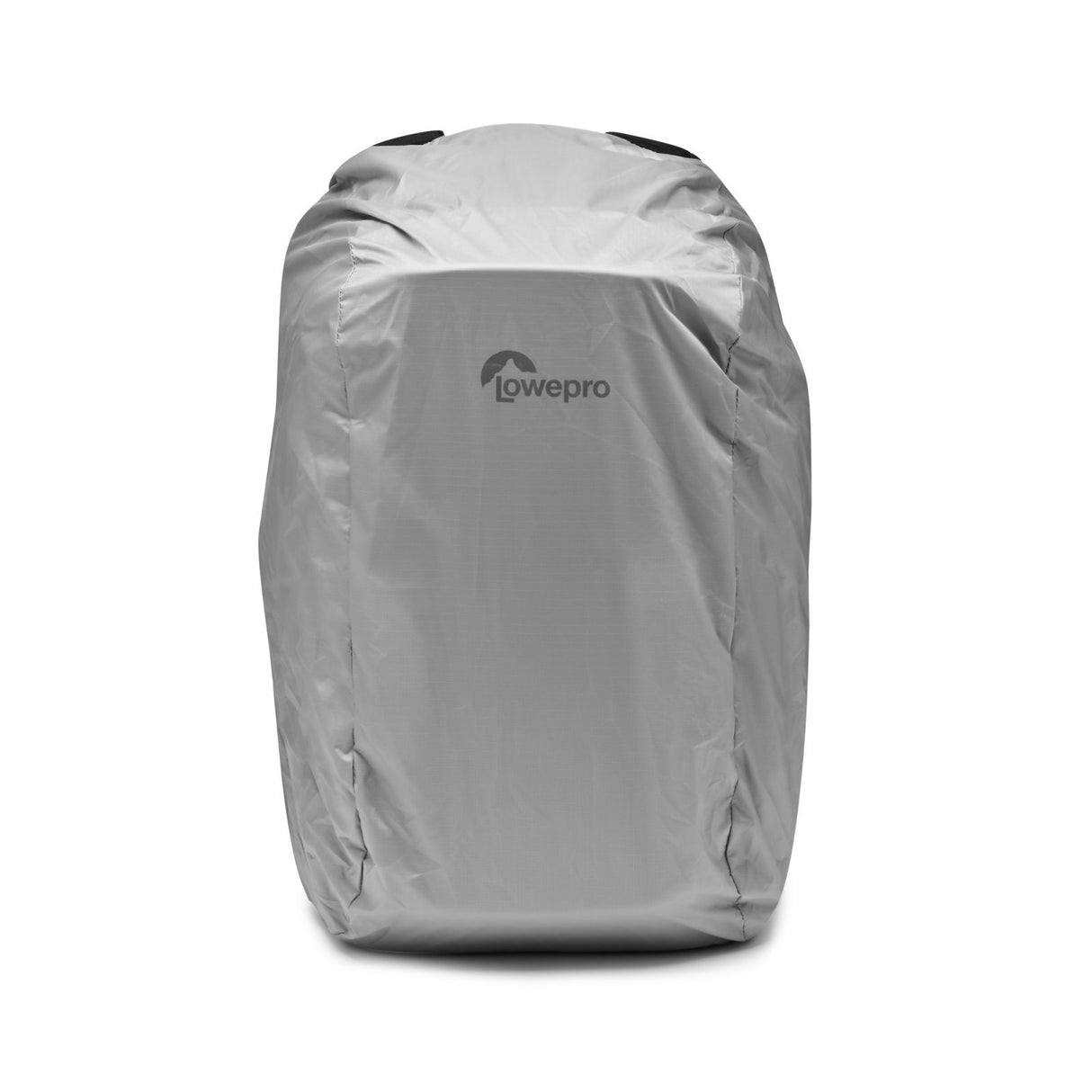 Gray camera backpack rain cover draped over the back exterior