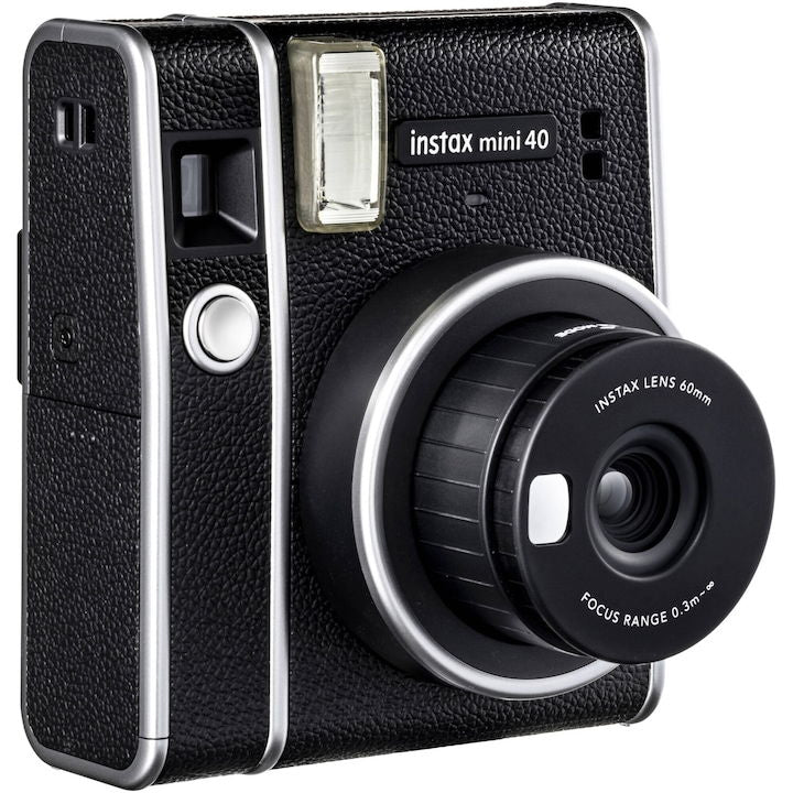 Instax Mini 40 instant camera, black front with lens controls and metallic accents