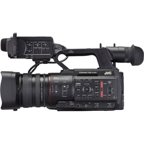 Black camcorder side view showing rear controls, ports, and 20x zoom lens