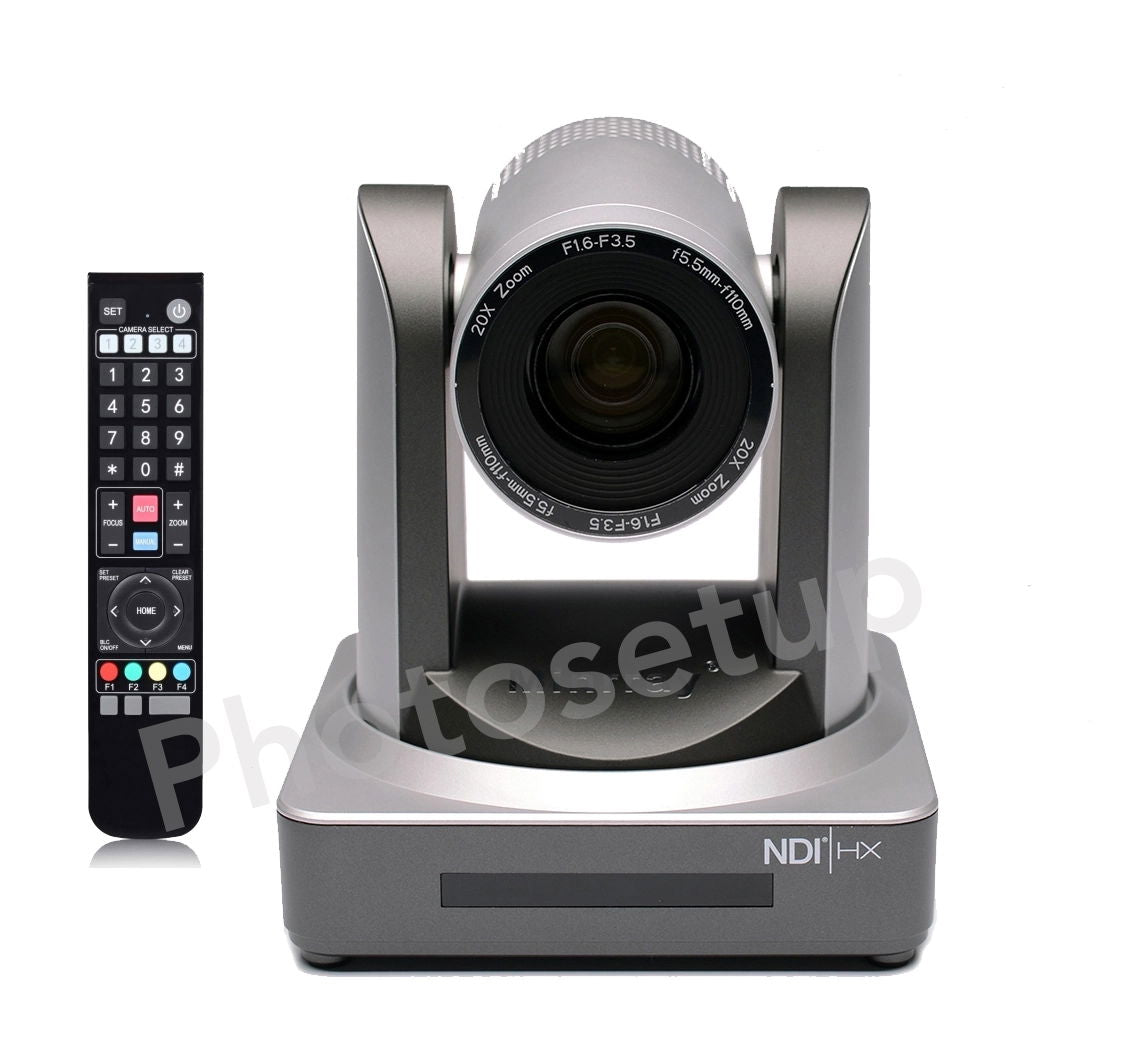 Gray PTZ video conference camera with 20X zoom lens and NDI front panel