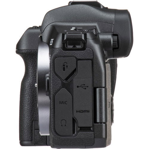 Black mirrorless camera body, ports panel with HDMI and MIC labels