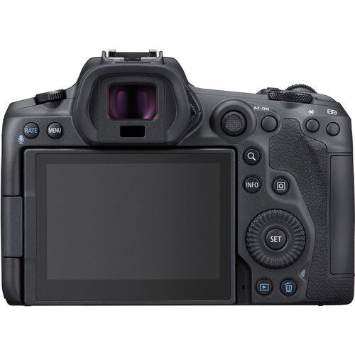 EOS R5 mirrorless camera body, rear view with LCD screen and control dial