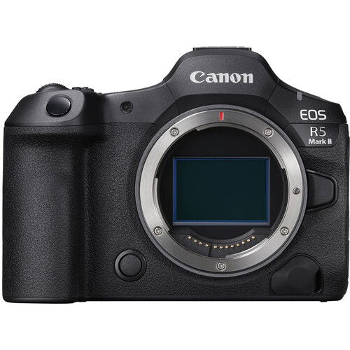 Aparat foto Canon EOS R5 Mark II, carcasă neagră, logo Canon și buton circular.