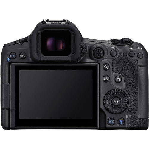 Aparat foto Canon EOS R5 Mark II, carcasă neagră, ecran LCD și butoane spate.