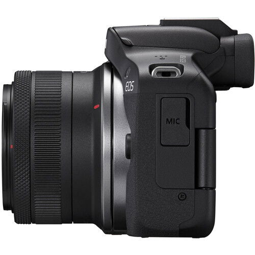 Aparat foto Canon EOS R50, profil cu port MIC și inelul obiectivului