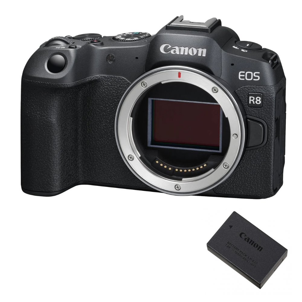 Aparat foto mirrorless Canon EOS R8 cu obiectiv și acumulator de rezervă