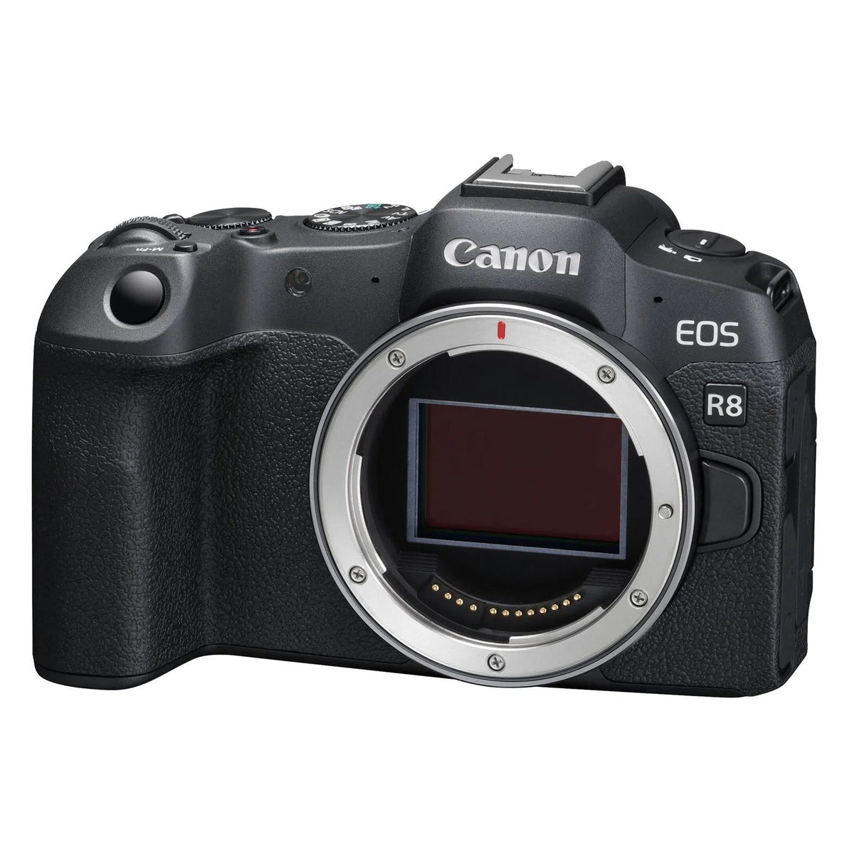 Aparat foto mirrorless Canon EOS R8, vedere frontală cu ecran și obiectiv