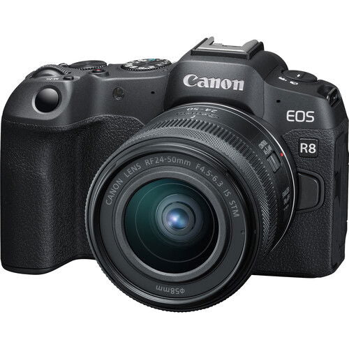 Aparat foto Canon cu obiectiv 24-50 mm, carcasa neagra, vedere frontala