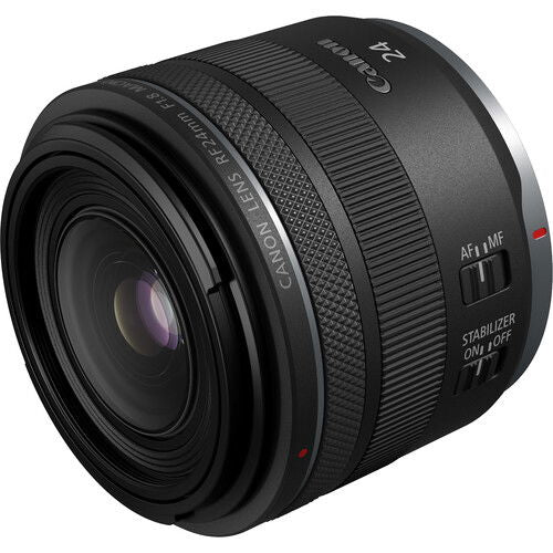 Canon RF 24mm f/1.8 macro lens angled view, AF/MF and stabilizer text on barrel