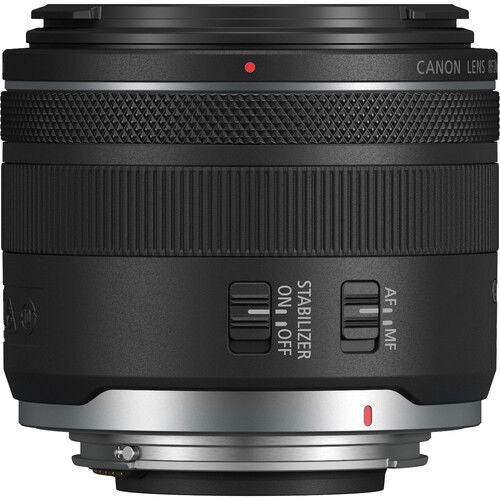 Canon RF 24mm f/1.8 macro lens rear view, AF/MF and Stabilizer control switches