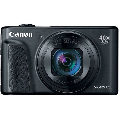 Canon PowerShot SX740 HS camera front with lens ring and 40x optical zoom marking