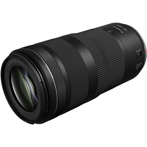 Black 100-400mm lens, angled view with front glass and ribbed zoom ring