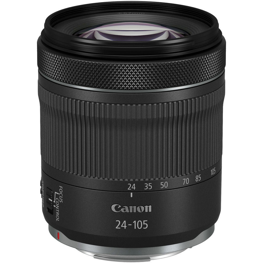 24-105mm camera lens front with glass element and textured focus ring