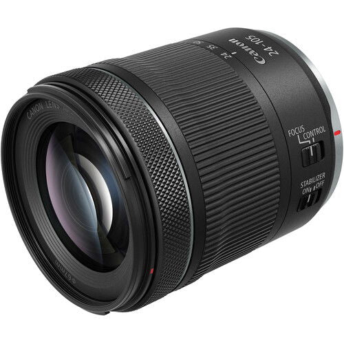 24-105mm camera lens angled view with textured grip and rear ring