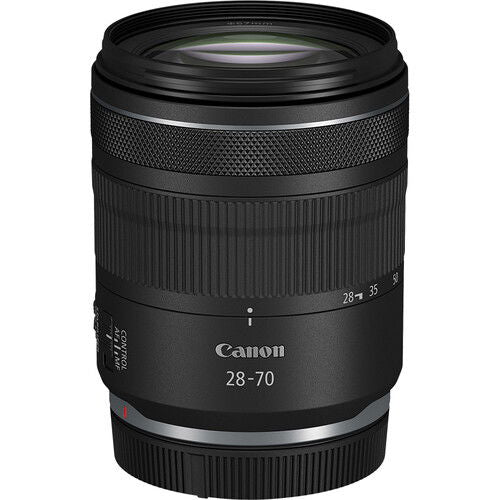 RF 28-70mm F2.8 IS STM camera lens in black with textured grip and zoom markings