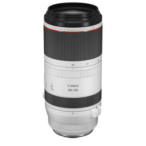 RF 100-500mm zoom lens front view with glass aperture and ribbed barrel