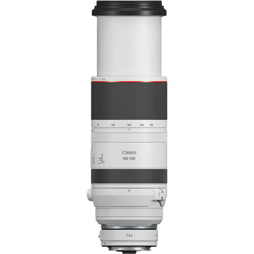 RF 100-500mm lens rear view with mount area and zoom range labels