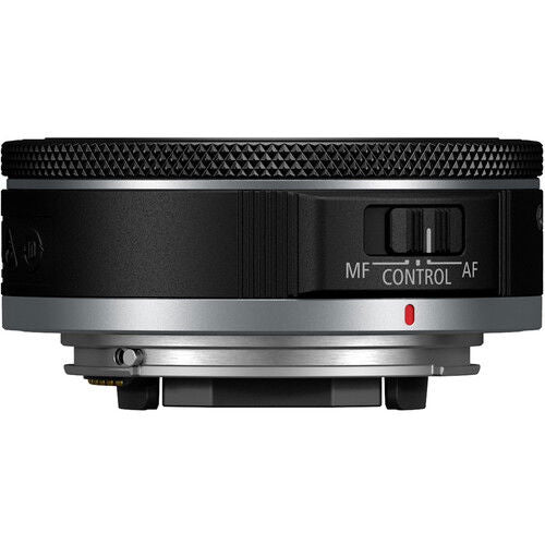 Canon RF 28mm f/2.8 STM lens side view, MF control switch with red marker