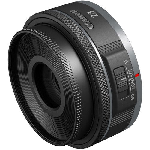 RF 28mm f/2.8 STM lens angled side, textured focus ring and silver edge trim
