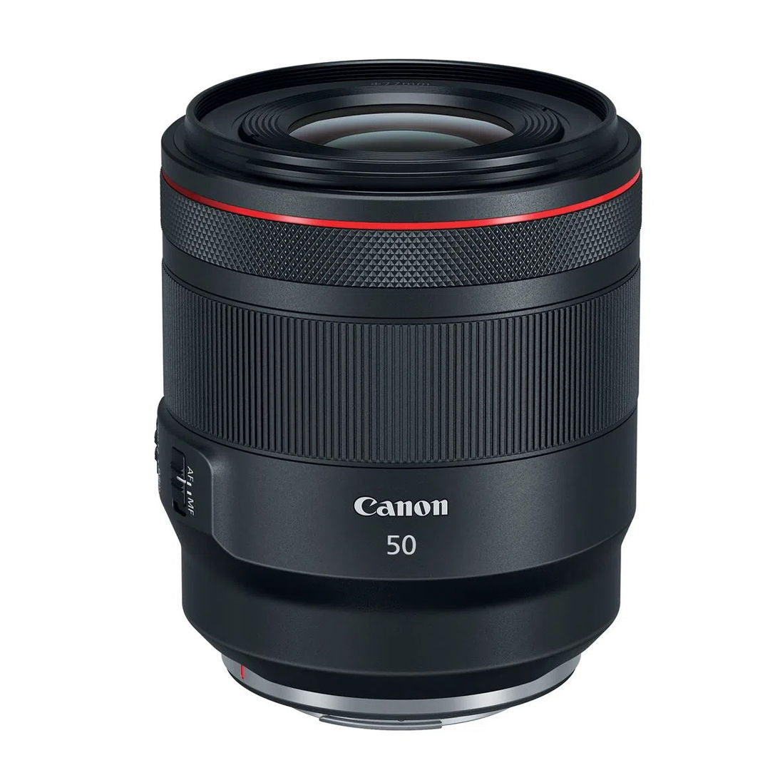 Canon 50mm lens with front glass, textured barrel grip, and red trim ring