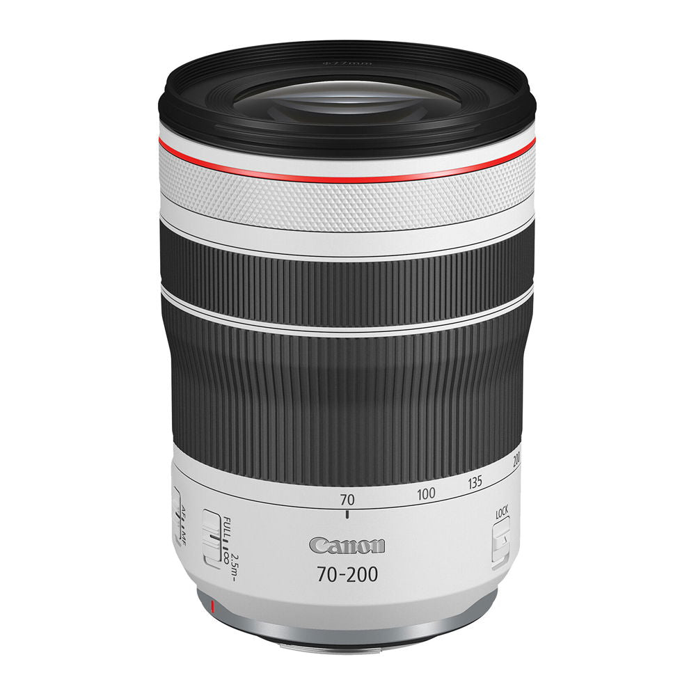 Black and silver 70-200mm F4 telephoto lens with zoom markings and red accent ring