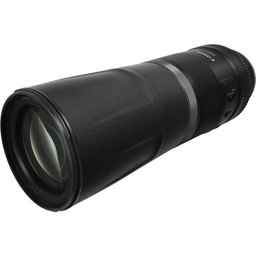 Black RF 800mm lens side profile with textured barrel and ribbed rings