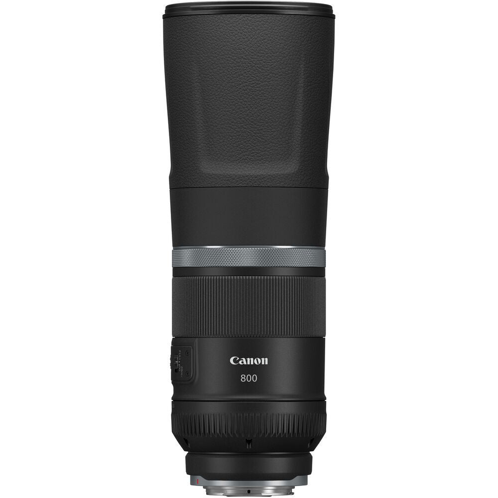 Black RF 800mm telephoto lens with textured grip and front glass element